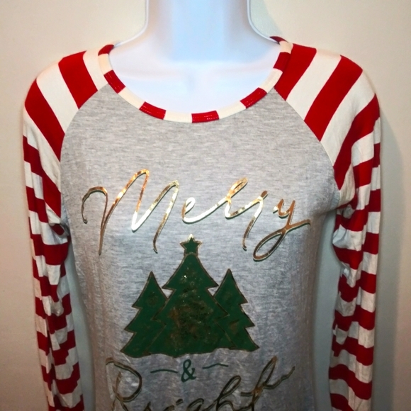 Color Bear Gray "Merry & Bright" Christmas Tree, Candy Cane Sleeve Baseball Tee - Picture 2 of 7